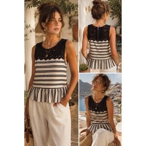 Free People M  Eyelet Lace Striped Peplum Tank Top Cream Black  Boho Coastal